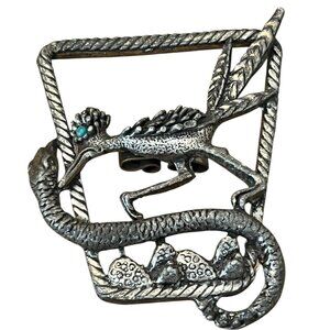 Silver Tone Western Desert Roadrunner Cactus Snake Bolo Tie Slide Turquoise Eye